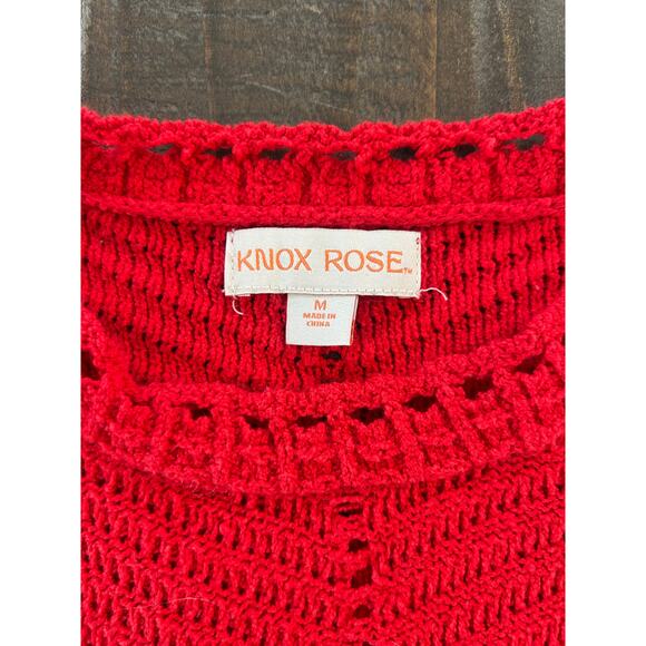 Puff Sleeve Sweater Womens Size Medium Red Pointelle Knit Crewneck - Picture 4 of 7